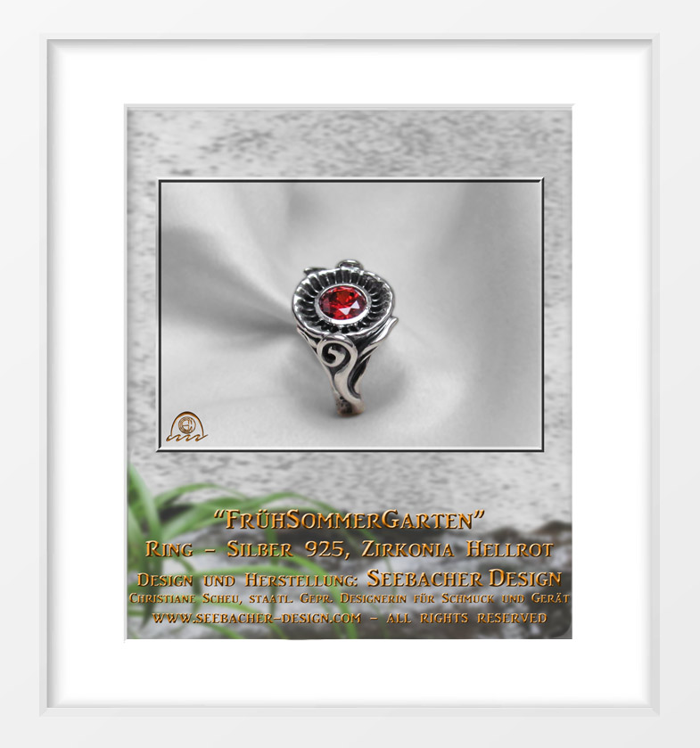 floraler Silber Ring mit Zirkonia Stein rot